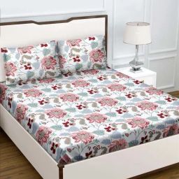 BELLA CASA Genteel Floral Pink & Blue 180 TC Plain King Bedsheet with 2 Pillow Covers-image-40