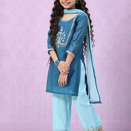 BIBA Girls Blue Embroidered Kurta, Plazzos with Dupatta-image-2