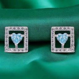 crash.club By CKC 925 Silver Radiant Blue Heart Stud Earrings in a Square Frame-image-78