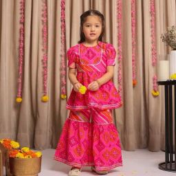 Budding Bees Girls Pink Bandhani Printed Suit Sets-image-3