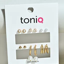 ToniQ Set of 5 Gold & Pearl Studs & Hoops Ear Stackers-6