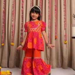 Budding Bees Girls Orange Bandhani Printed Suit Sets-image-18