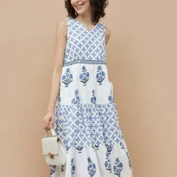 Colour Me by Melange White & Blue Cotton Printed A-Line Dress-image-12