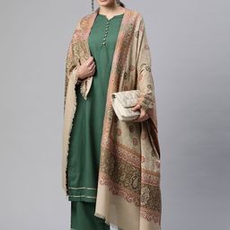 WEAVERS VILLA Women Beige & Red Floral Woven Design Woollen Shawl-22