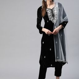 SHADES OF FAASHION Women Ethnic Motifs Chikankari Velvet Kurta with Trousers-image-48