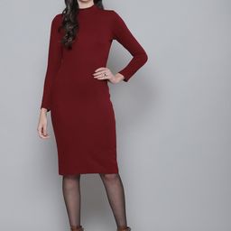 SASSAFRAS Maroon Ribbed Bodycon Dress-image-10