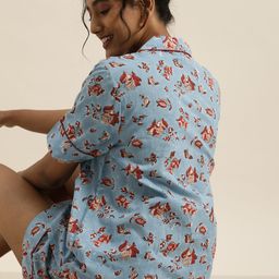 Taavi Women Blue Handblock Printed Pure Cotton Night suit-image-10