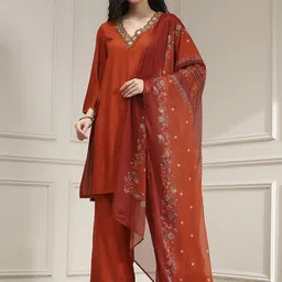 Biba Women Floral Regular Mirror Work Kurta with Palazzos & Dupatta-image-53