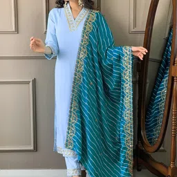 CaniBani Turquoise Blue Silk Blend Kurta Sets-picture-27