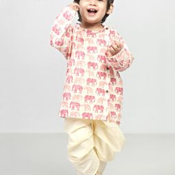 Polka Tots Full Sleeves Elephant Printed Angarkha Kurta With Solid Dhoti - Cream-image-79