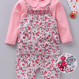 Babyhug Full Sleeves T-shirt and Dungaree Set Floral Print - Pink Off White-image-85