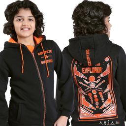 Arias Cotton Brushed Knit Full Sleeves Text Printed Front Open Hooded Sweatshirt - Black-picture-21