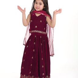 Babyhug Sleeveless Velvet Embroidered Lehenga Choli and Dupatta Set - Maroon-image-65