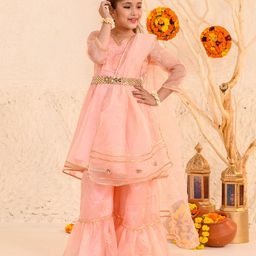 Pspeaches Three Fourth Sleeves Floral Embroidered Gota Patti Detailed & Sheesha Lace Embellished Coordinating Sharara Set - Peach-image-32