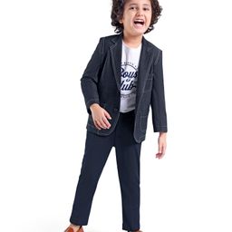 Babyhug Full Sleeves Denim Blazer with Text Printed T-Shirt & Stretch Fit Trouser Set - Blue & White-image-41