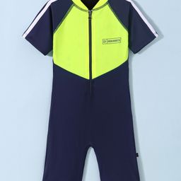 Rovars Cotton Lycra Half Sleeves Solid Color Legged Swimsuit - Lemon Yellow & Navy Blue-picture-20