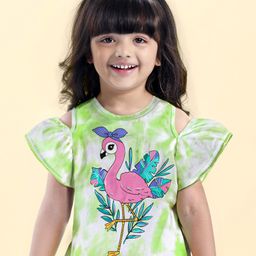 Babyhug 100% Cotton Knit Off Shoulder Half Sleeves Tie & Dye  Top with Flamingo Print - White & Green-image-99