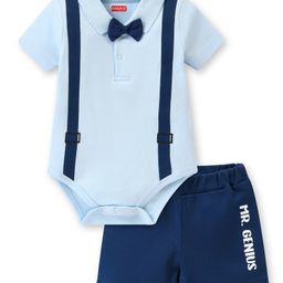 Babyhug 100% Cotton  Knit Half Sleeves Onesie  with Shorts & Bow Applique - Navy Blue-image-66