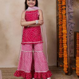 Pspeaches Cotton Sleeveless Bandhani Printed  Straight Kurta  Sharara With Dupatta - Magenta-image-13