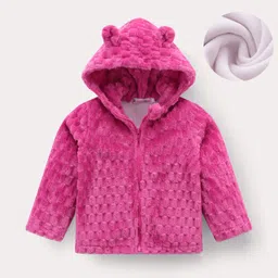 Kookie Kids Full Sleeves Solid Hooded Winter Jacket with Ears Applique - Dark Pink-picture-6