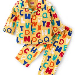 Babyhug Cotton Knit Full Sleeves Front Open Night Suit With Alphabets Print - Mustard-image-16