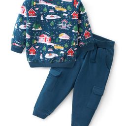 Babyhug Cotton Knit Full Sleeves T-Shirt & Lounge Pants Set With Christmas Theme Print - Navy-picture-16
