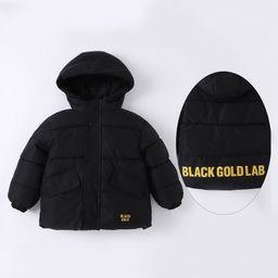 Kookie Kids Full Sleeves Front Open Padded Hooded Jacket with Quilted Design & Text Print - Black-image-87