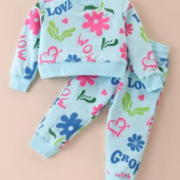 Doreme Cotton Knit Full Sleeves Floral Printed Top & Lounge Pants Co-Ord Set - Light Blue-picture-15