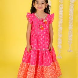 lil' drama Lil Drama Frill Sleeves Bandhani Printed Foil Checked & Lace Embellished Tiered Dress - Pink-picture-16