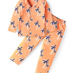 Babyhug Cotton Knit Full Sleeves Front Open Night Suit with Coconut Tree Print - Orange-image-59