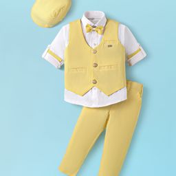 Rikidoos Full Sleeves Solid Shirt With Waistcoat Pant Cap & Bow Set - Yellow & White-picture-49