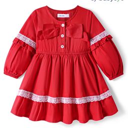 Babyoye 100% Cotton Woven Full Peasant SleevesParty Dress with Bow & Frill Detailing - Red-image-72