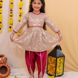 KID1 Jacquard Three Fourth Sleeves Floral Foil Printed & Lace Embellished Kurta Dhoti Set - Beige-image-11