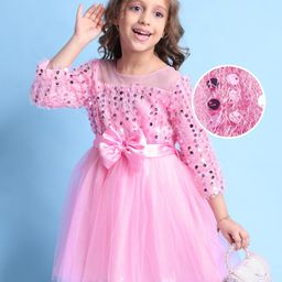 Hola Bonita Woven Three Fourth Sleeves Party Frock with Sequin Fur & Bow Applique -Pink-image-6