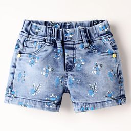 Olio Kids Knit Above Knee Length Denim Shorts With Floral Print - Light Blue-image-77