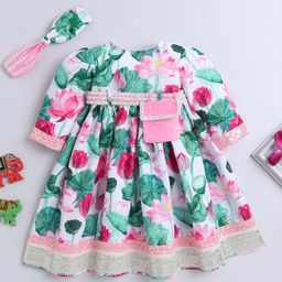 TINY MINY MEE Silk Half Sleeves Floral Printed Lace Embellished Dress With Headband & Pouch Attached Belt - Multi Colour-image-81