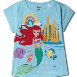 Wear Your Mind Cotton Blended Disney The Little Mermaid Featuring Half Sleeves Ariel Printed Top - Sky Blue-image-91