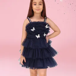Cutecumber Sleeveless Butterfly Applique Detailed Glitter Printed Layered Dress - Navy Blue-picture-39