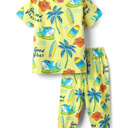 Babyhug Cotton Knit Half Sleeves Co-Ord Night Suit With Beach Theme Print - Yellow-image-19