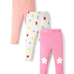 Bonfino 100% Cotton Rib Fabric Full Length Leggings with Heart & Floral Print Pack of 3 - Pink Peach & Ivory-image-13