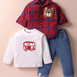 Little Kangaroos Cotton Woven Full Sleeves Sweatshirt Shirt & Jeans Set with Checks Teddy & Vehicle Print - Red White & Blue-picture-2