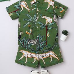 Aww Hunnie 100% Cotton Knit Half Sleeves Wild Animals & Birds Printed Shirt & Coordinating Shorts Set - Green-picture-10