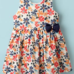 Tweetoons Knit Sleeveless Frock With Floral Print & Bow Applique - White-image-84