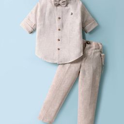 Rikidoos Cotton Woven Full Sleeves Checked Shirt & Trousers With Bow & Suspender Set - White & Beige-picture-0