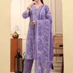 Yufta Floral Printed Pure Cotton V-Neck Straight Kurta With Trousers And Dupatta-46