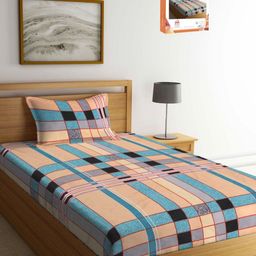 Myntra Elegant Homes Beige & Blue 300 TC Single Bedsheet with 1 Pillow Covers-image-2