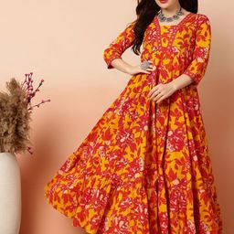 Sa Rasa Floral Printed Square Neck Empire Pure Cotton Anarkali Kurta-29