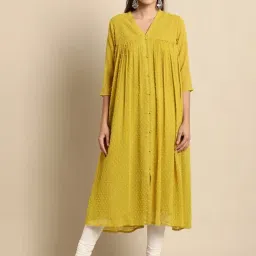 Janasya Women's Mustard Poly Chiffon Self Design Frontslit Kurta-picture-16