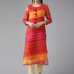 Yufta Red & Orange Bandhani Print Straight Kurta-image-21