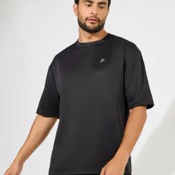Styli Black Relaxed Fit Textured Oversized Cotton Sports T-Shirt-image-76